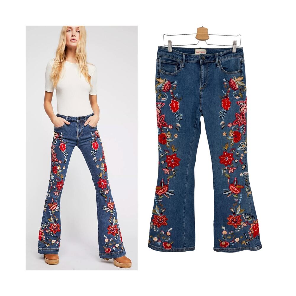 Driftwood Farrah All Embroidered Floral Flare Jeans Boho Bell Bottom Blue 30